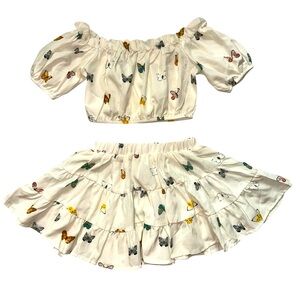 SHEIN Butterfly Print Skirt Set Girls 4 Beige Off the Shoulder Crop Top Beige